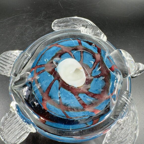 Art Glass Turtle Glass Paperweight Figurine Clear Edges Blue Red Center Glass - Picture 7 of 16